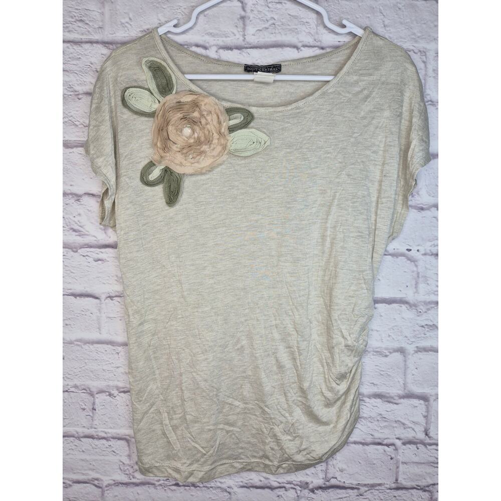 Body Central Vintage Top Small Beige Ruched 3D Flower Applique Whimsigoth Y2K.